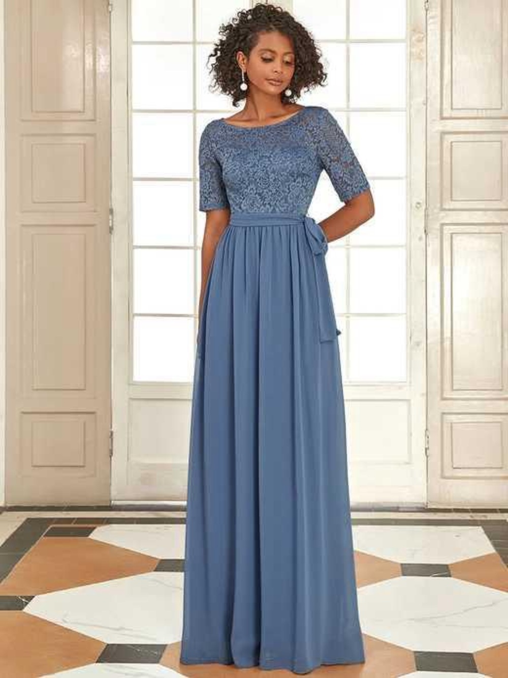 Elegant Lace Bodice Maxi Dress in Dusty Blue - Mother of Bride